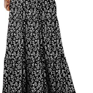 Womens Floral Print Boho Maxi Skirt Elastic High Waist Pleated Ruffle Flowy Long